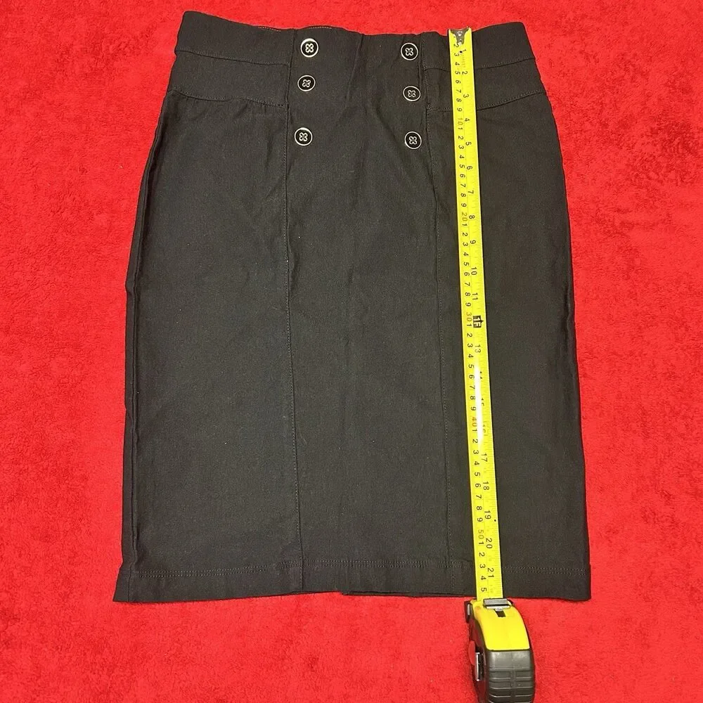 Sabrina Lauren Black Pencil Skirt Size 10 High Waist Button Front Career Stretch